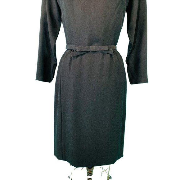 Vintage 1950s Black Cocktail Dress Off The Shoulder Bow Belt Sheath | W 26" - Picture 3 of 10
